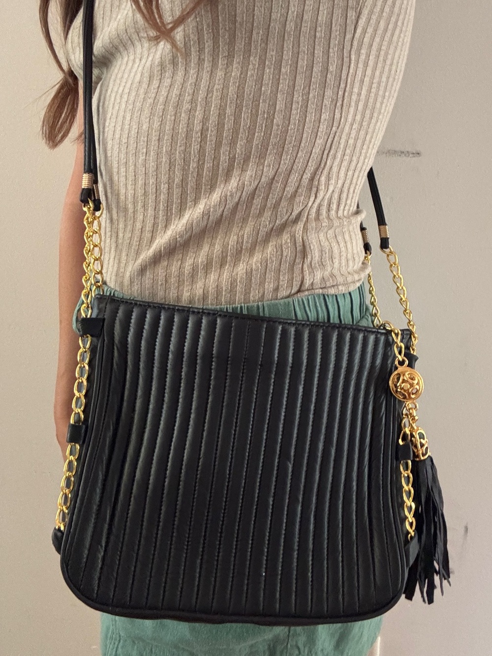 Paris Handbags Vintage Quilted Shoulder Bag with Gold Chain Tassel